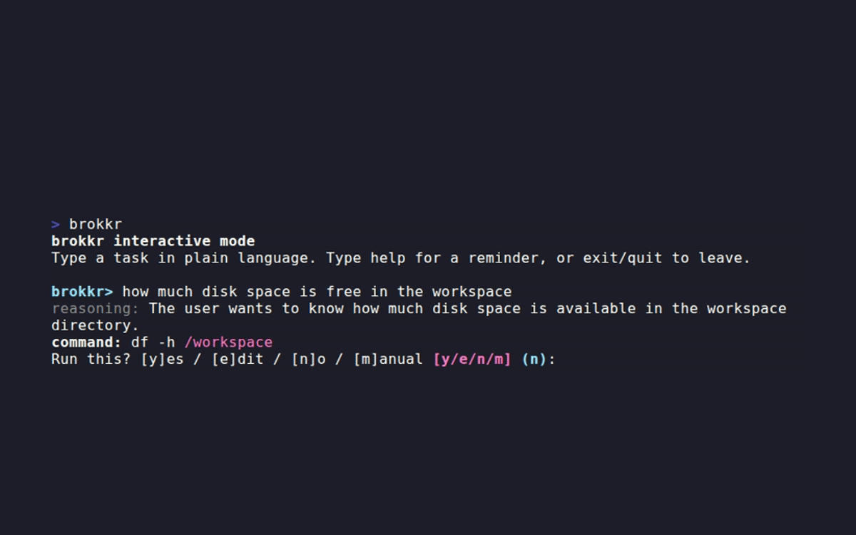 brokkr in interactive mode proposing a shell command and asking for confirmation before running it