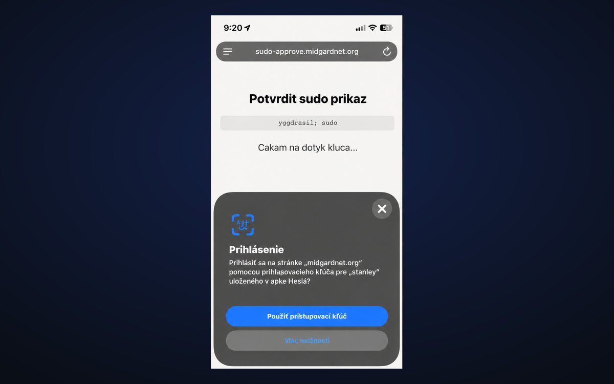 Schvaľovacia obrazovka sudo-approve v Safari na iPhone s natívnym dialógom na overenie prístupovým kľúčom